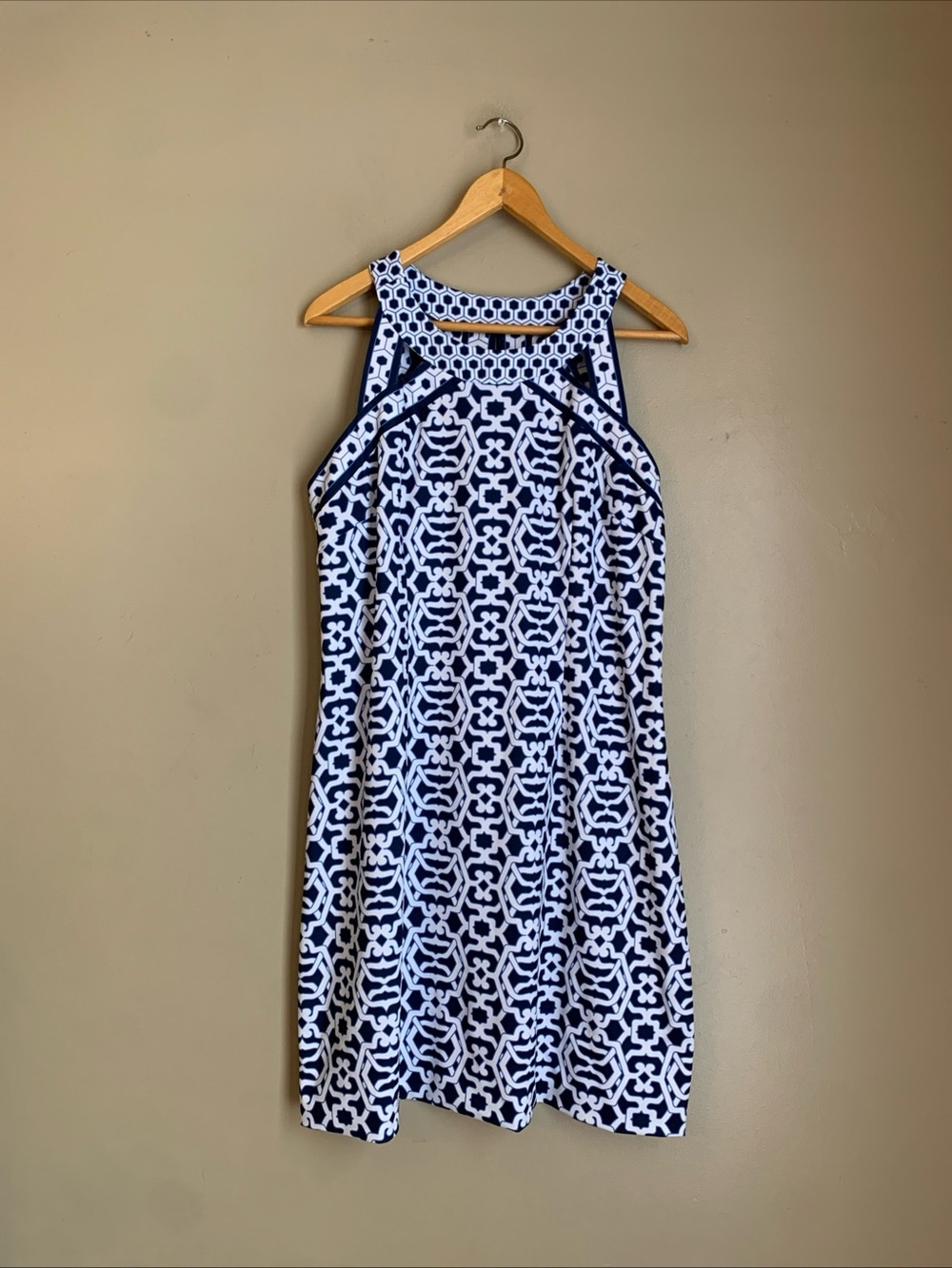 Gretchen Scott Blue White Geometric Sleeveless Round Neck Shift Knee Dress XL